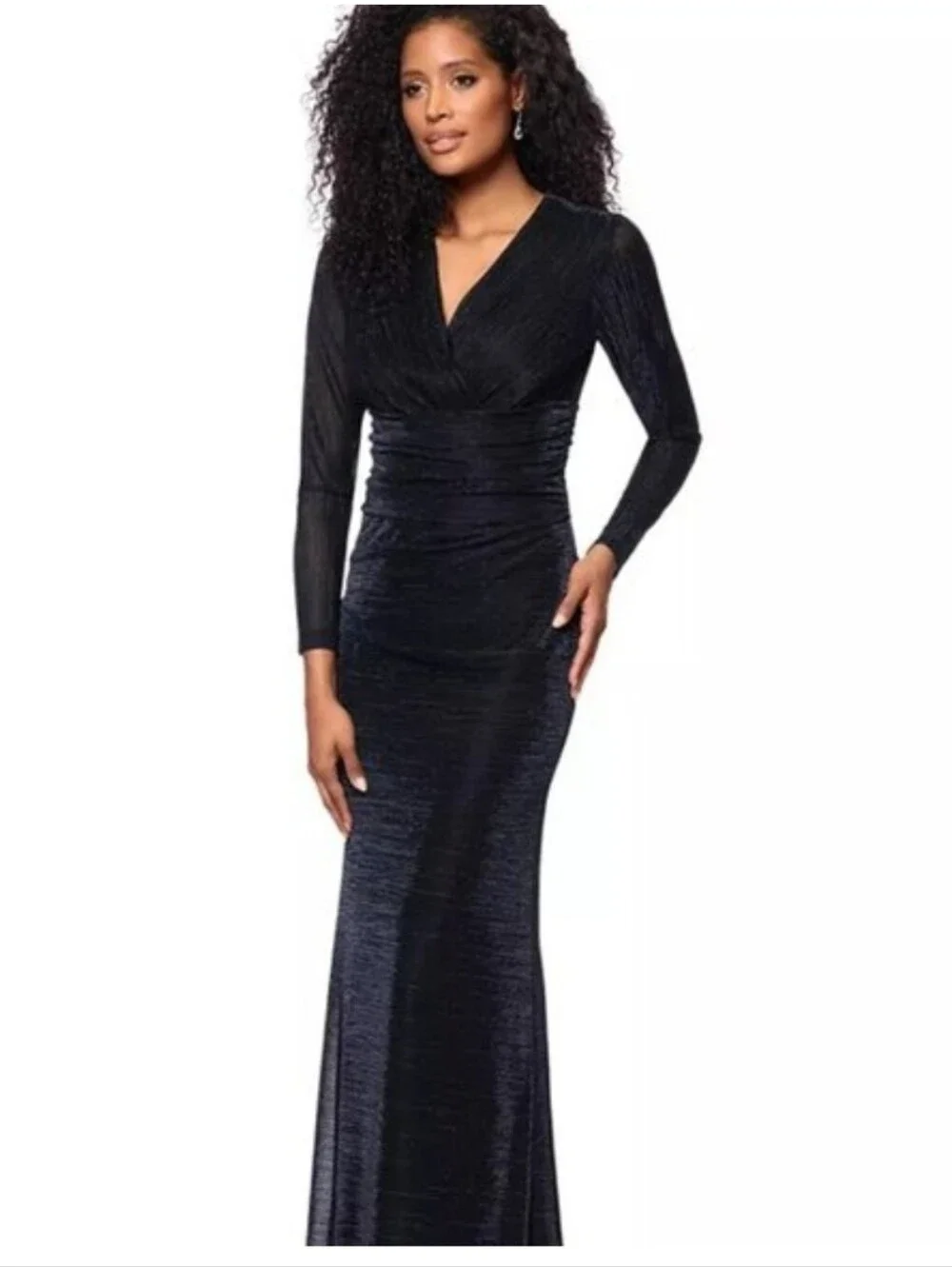 Betsy & Adam Metallic Silver Black Ruched Evening Gown Maxi Dress Size 16 $279